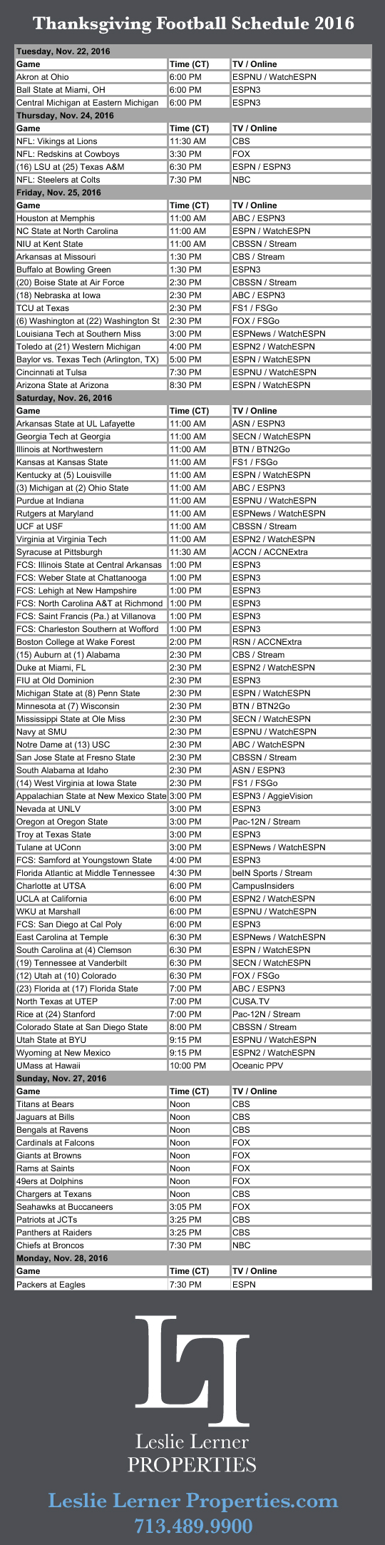 Thanksgiving Football Schedule 2016